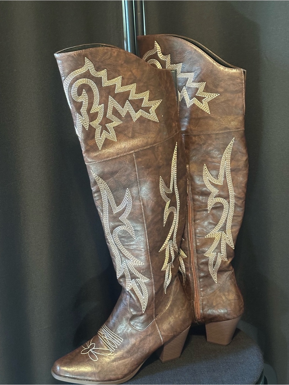 Women’s Brown Embroidered Heeled Knee-High Boots